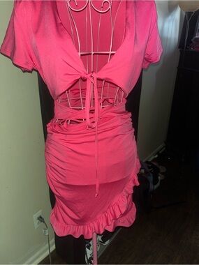 Pink Tie-Front Ruffle Bodycon Dress